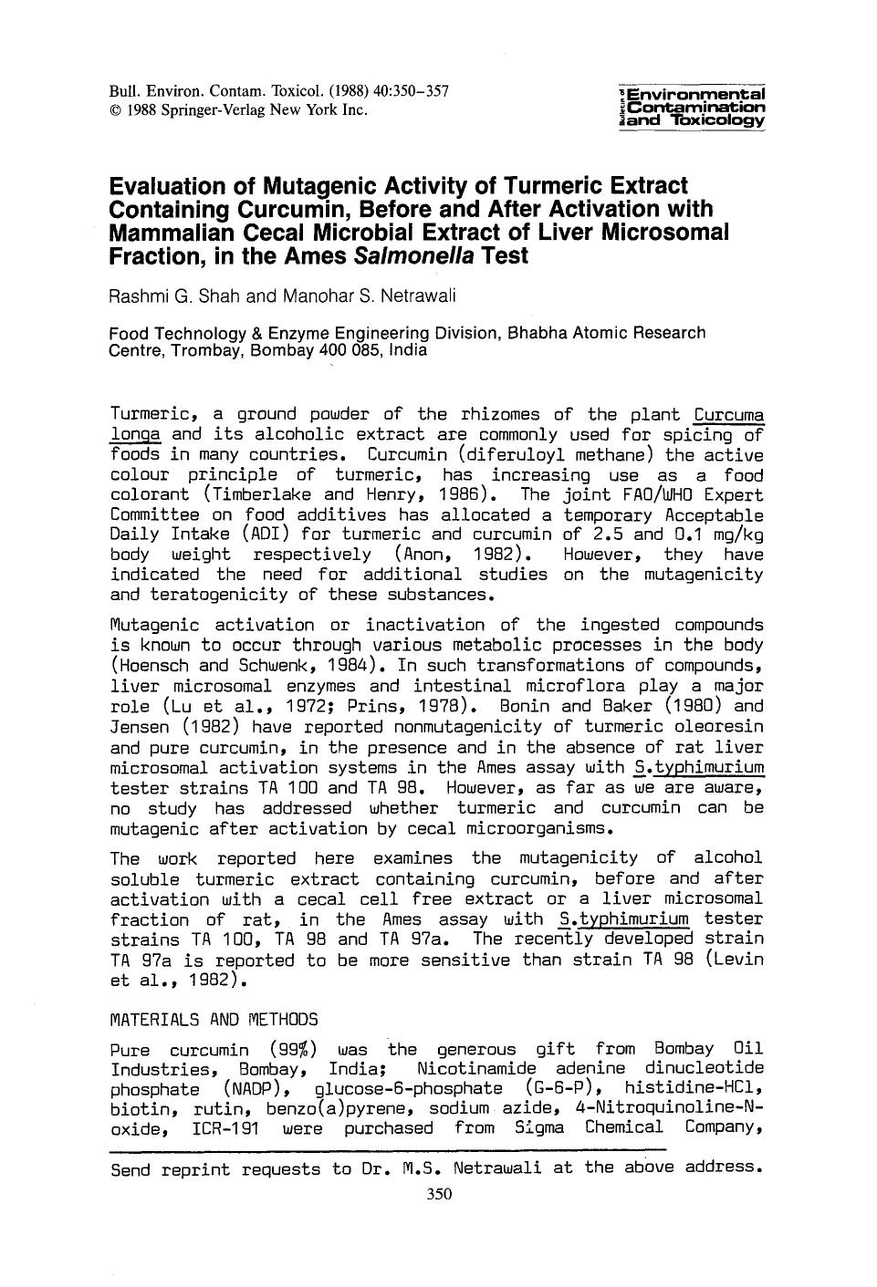 Evaluation of mutagenic activity of turmeric extract containing curcumin, before and after activation with mammalian cecal microbial extract of liver microsomal fraction, in the am by Unknown