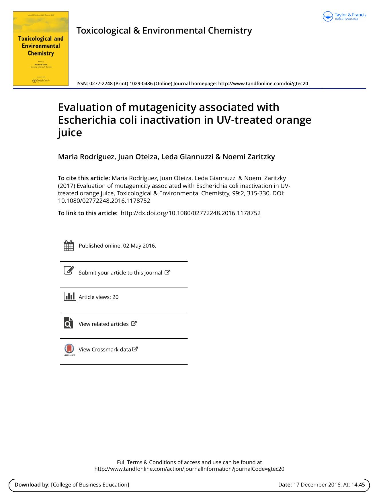Evaluation of mutagenicity associated with Escherichia coli inactivation in UV-treated orange juice by Maria Rodríguez & Juan Oteiza & Leda Giannuzzi & Noemi Zaritzky