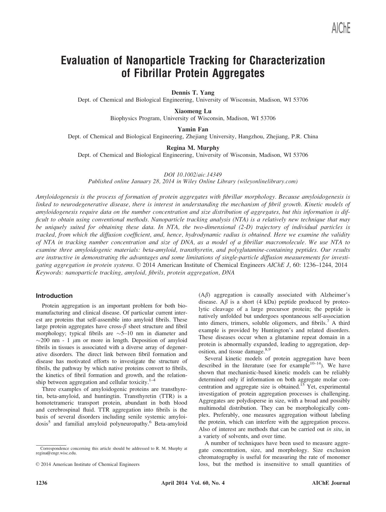 Evaluation of nanoparticle tracking for characterization of fibrillar protein aggregates by Unknown