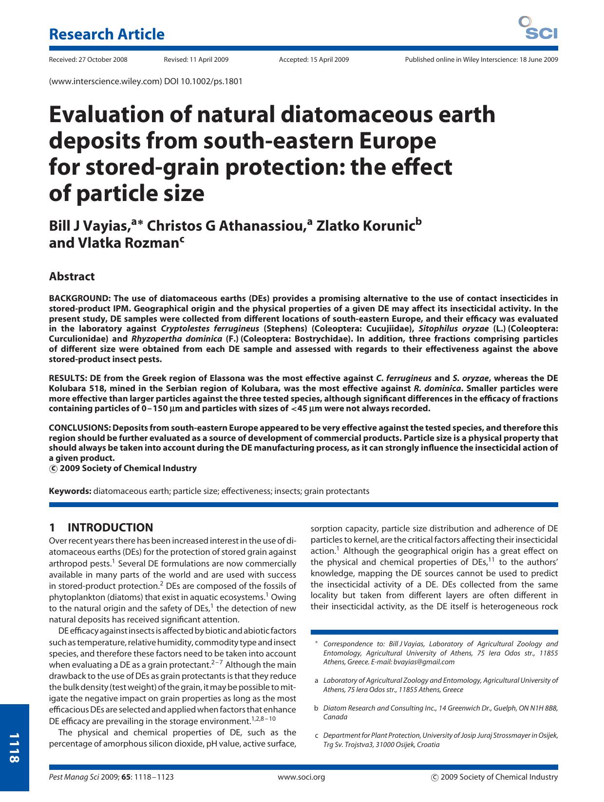 Evaluation of natural diatomaceous earth deposits from south-eastern Europe for stored-grain protection: the effect of particle size by Unknown