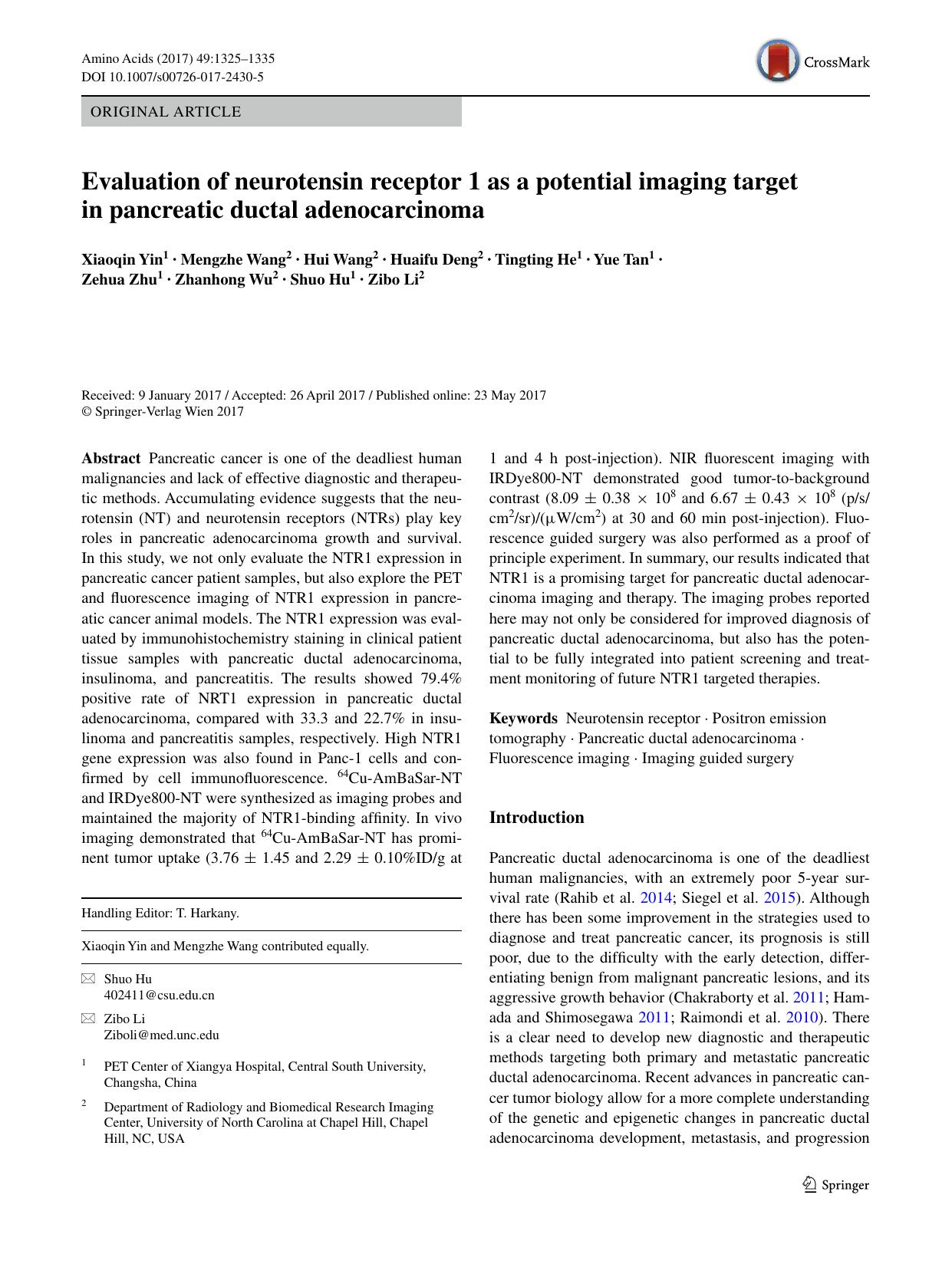 Evaluation of neurotensin receptor 1 as a potential imaging target in pancreatic ductal adenocarcinoma by unknow