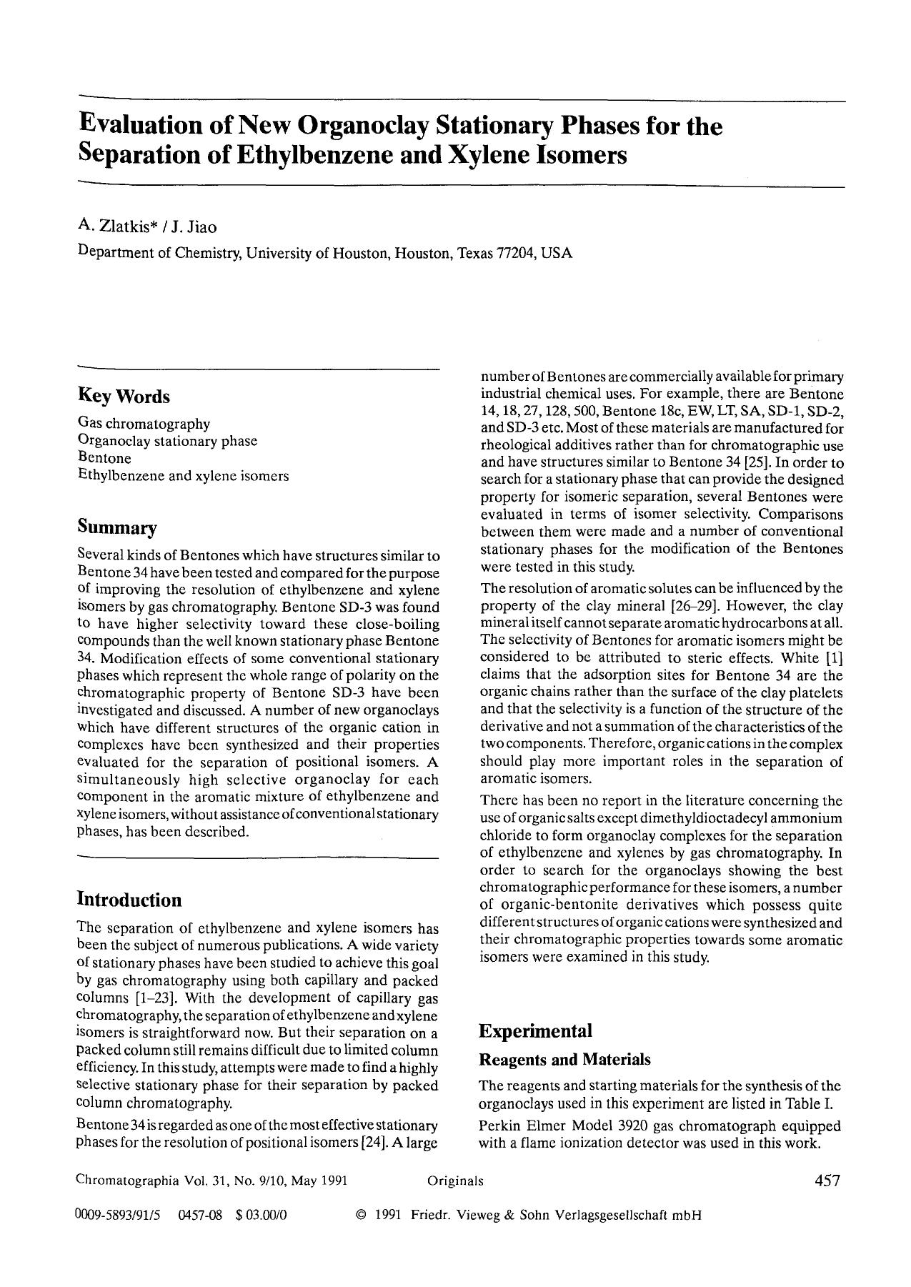Evaluation of new organoclay stationary phases for the separation of ethylbenzene and xylene isomers by Unknown