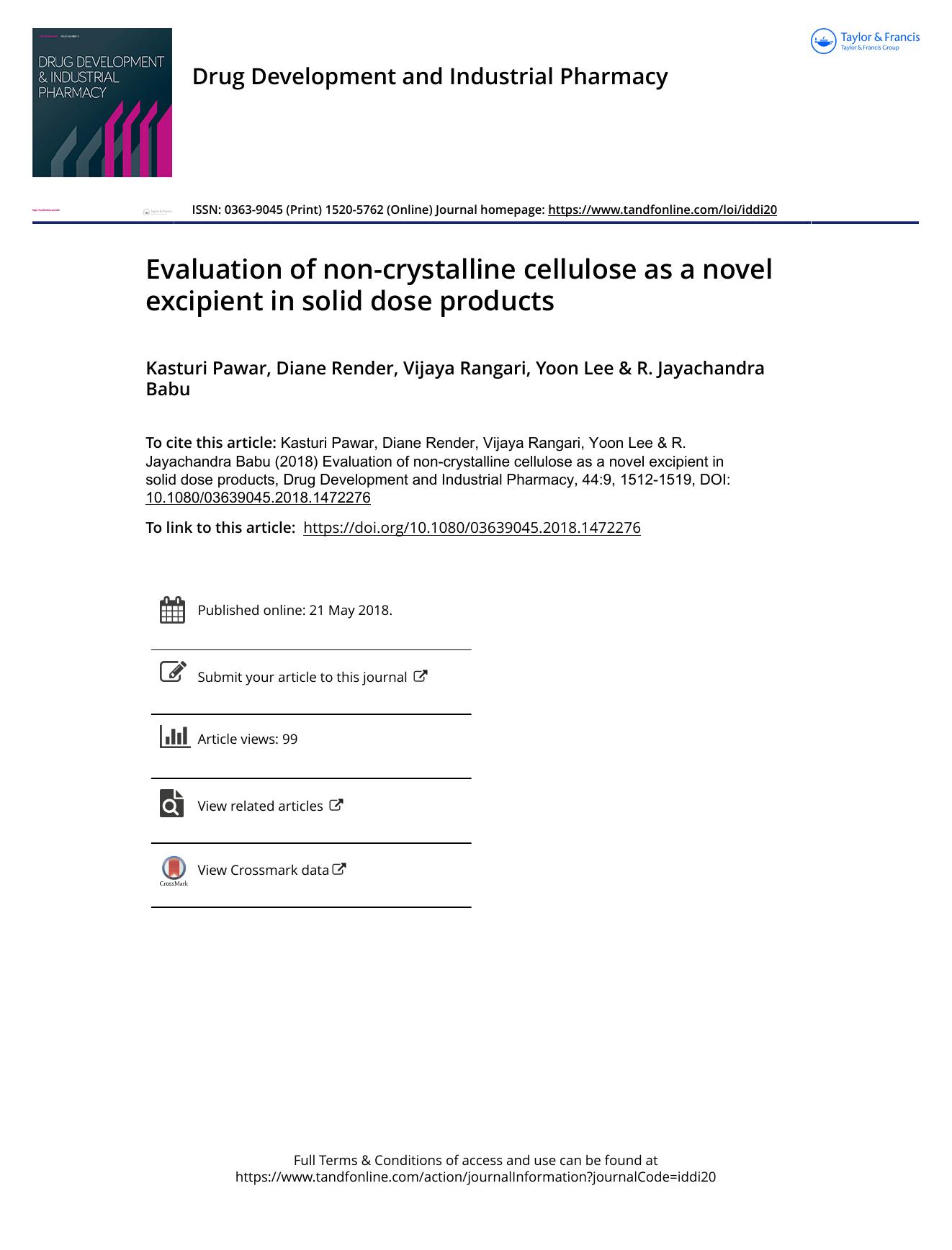 Evaluation of non-crystalline cellulose as a novel excipient in solid dose products by Pawar Kasturi & Render Diane & Rangari Vijaya & Lee Yoon & Babu R. Jayachandra