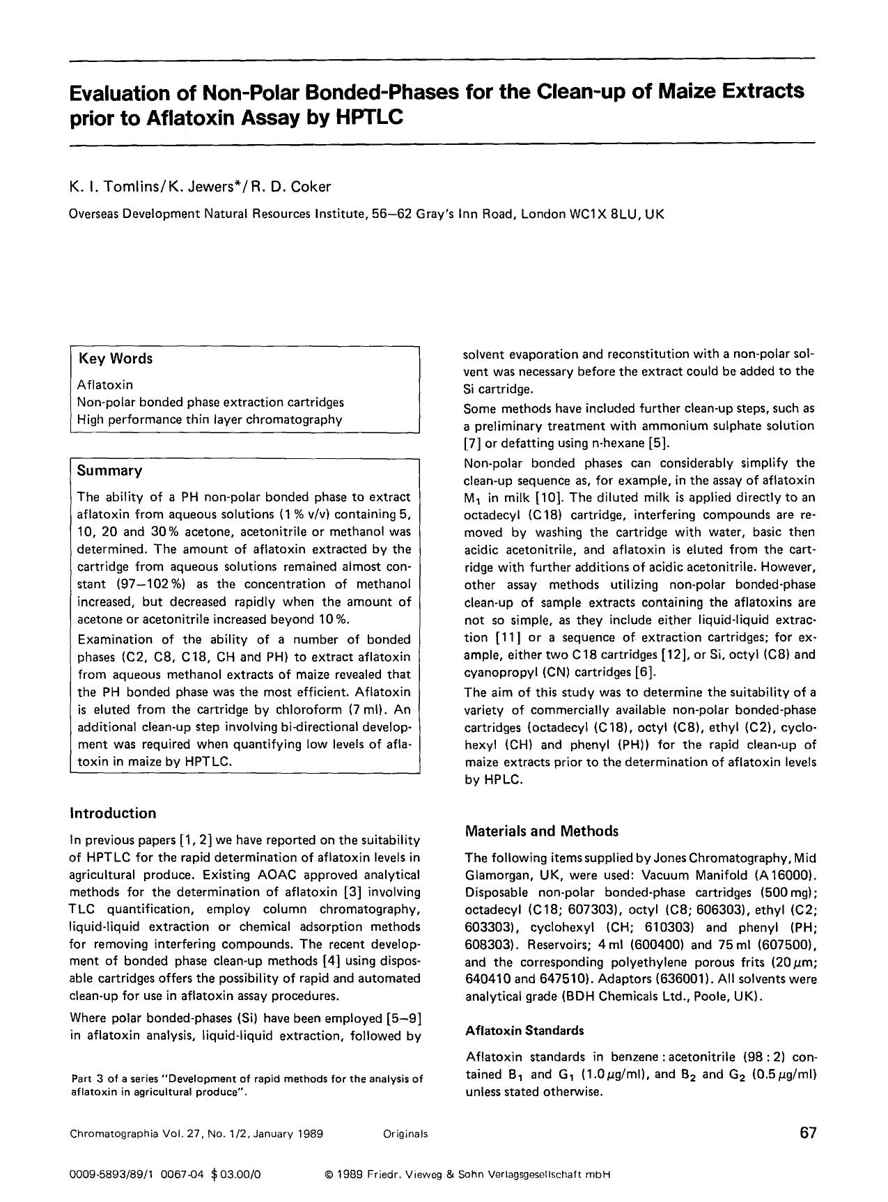 Evaluation of non-polar bonded-phases for the clean-up of maize extracts prior to aflatoxin assay by HPTLC by Unknown