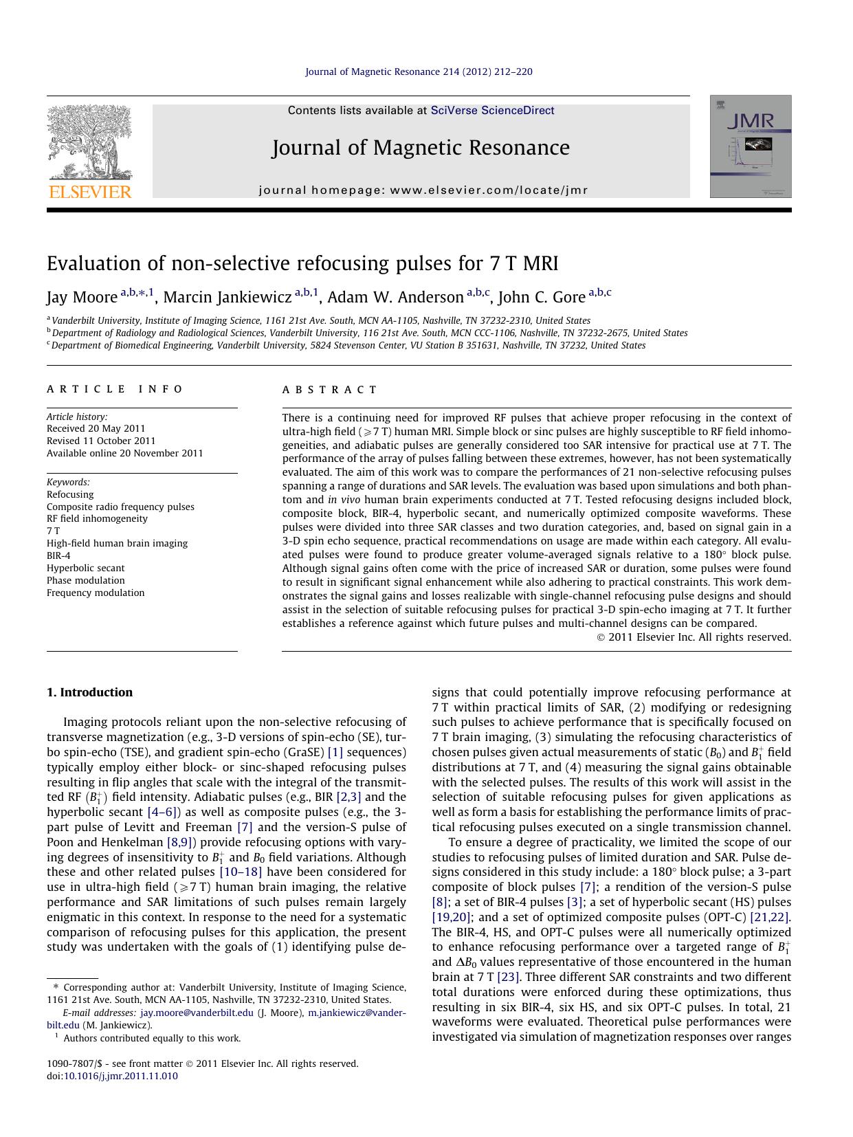 Evaluation of non-selective refocusing pulses for 7T MRI by Jay Moore & Marcin Jankiewicz & Adam W. Anderson & John C. Gore