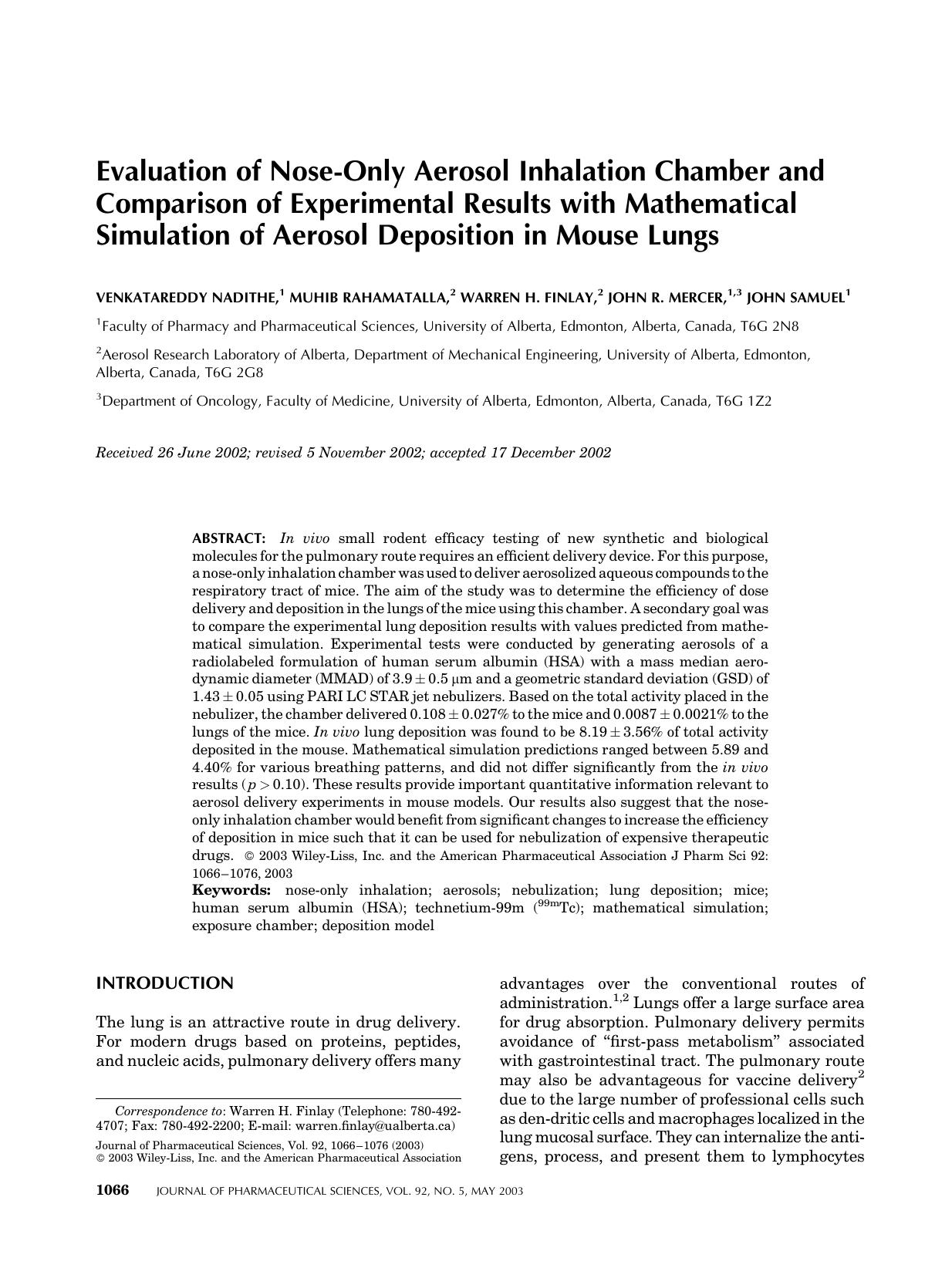 Evaluation of nose-only aerosol inhalation chamber and comparison of experimental results with mathematical simulation of aerosol deposition in mouse lungs by Unknown
