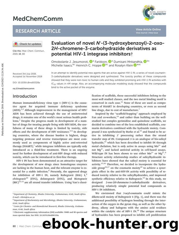 Evaluation of novel Nâ²-(3-hydroxybenzoyl)-2-oxo-2H-chromene-3-carbohydrazide derivatives as potential HIV-1 integrase inhibitors by unknow