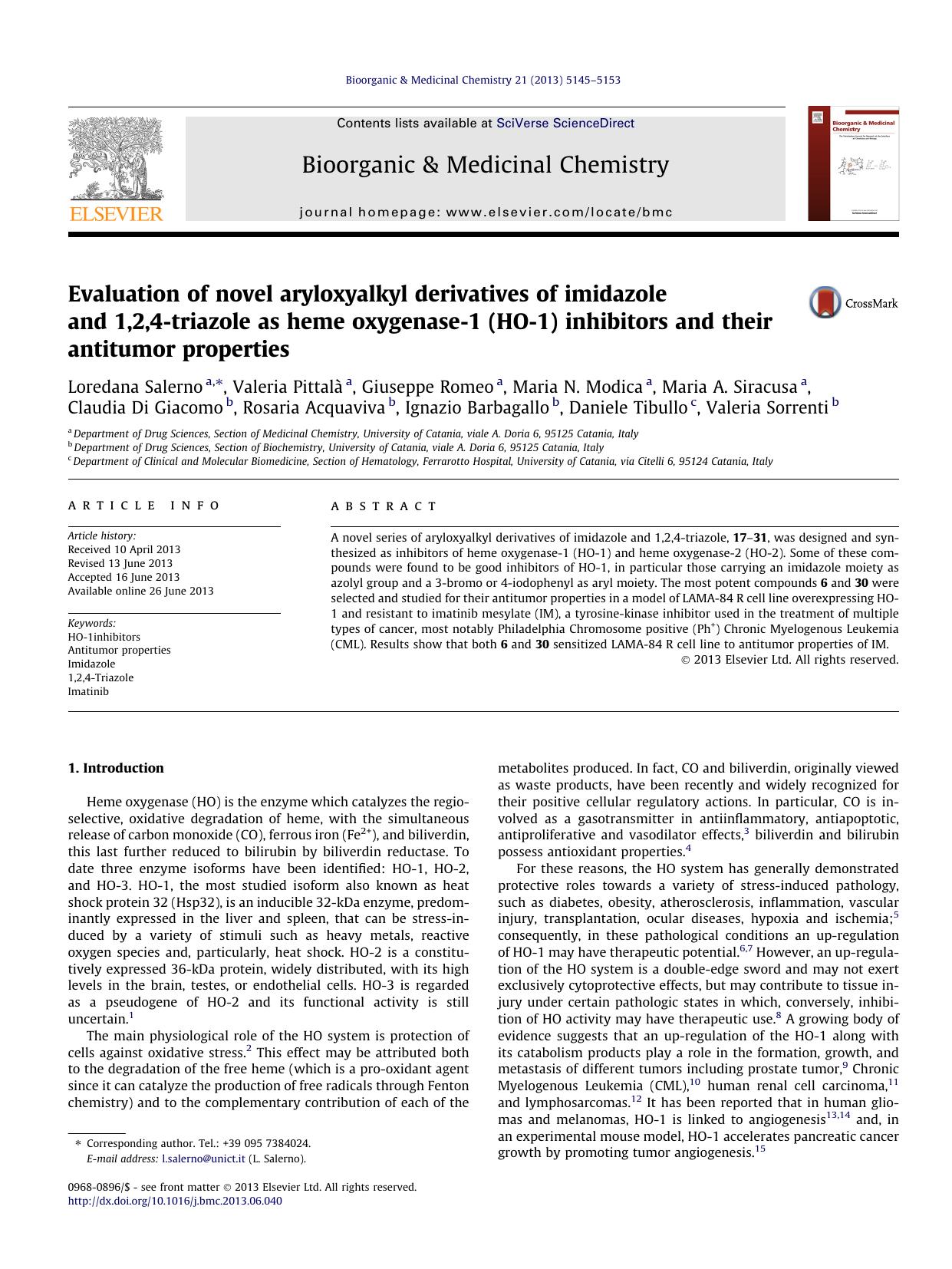 Evaluation of novel aryloxyalkyl derivatives of imidazole and 1,2,4-triazole as heme oxygenase-1 (HO-1) inhibitors and their antitumor properties by unknow