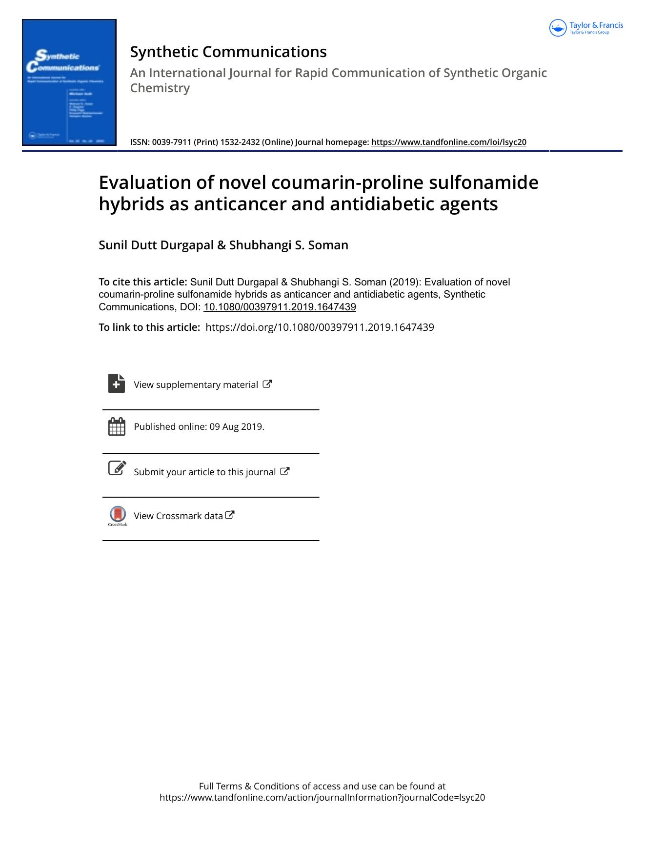 Evaluation of novel coumarin-proline sulfonamide hybrids as anticancer and antidiabetic agents by Durgapal Sunil Dutt & Soman Shubhangi S