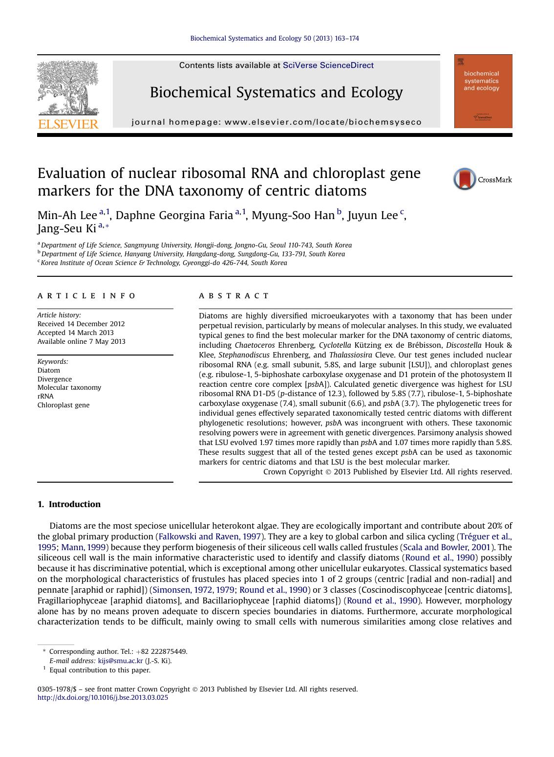 Evaluation of nuclear ribosomal RNA and chloroplast gene markers for the DNA taxonomy of centric diatoms by Min-Ah Lee & Daphne Georgina Faria & Myung-Soo Han & Juyun Lee & Jang-Seu Ki