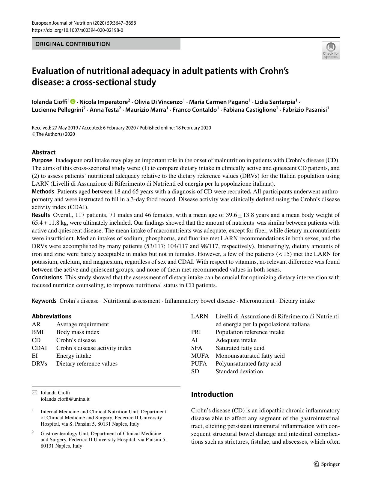 Evaluation of nutritional adequacy in adult patients with Crohnâs disease: a cross-sectional study by unknow