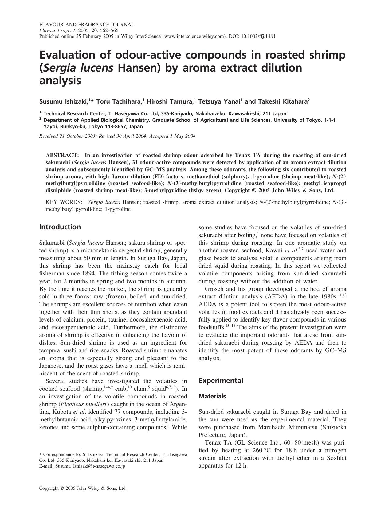 Evaluation of odour-active compounds in roasted shrimp (Sergia lucens Hansen) by aroma extract dilution analysis by Fuht