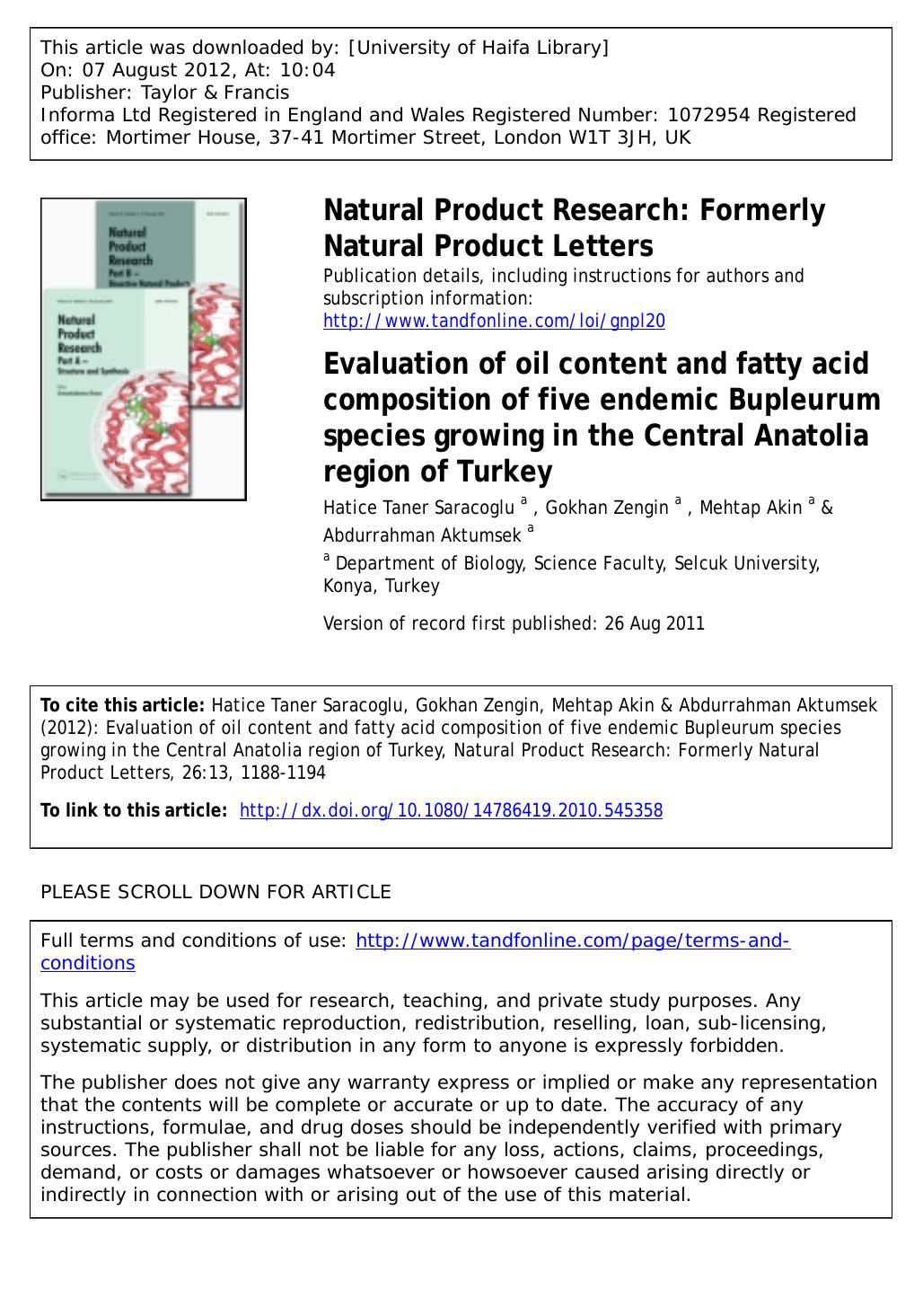Evaluation of oil content and fatty acid composition of five endemic Bupleurum species growing in the Central Anatolia region of Turkey by unknow