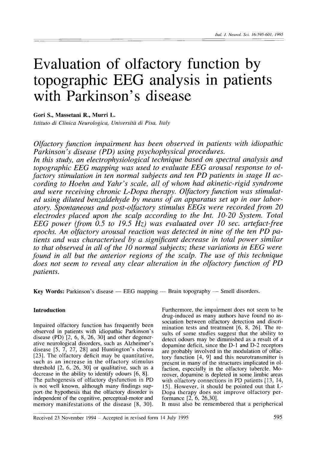 Evaluation of olfactory function by topographic EEG analysis in patients with Parkinson's disease by Unknown