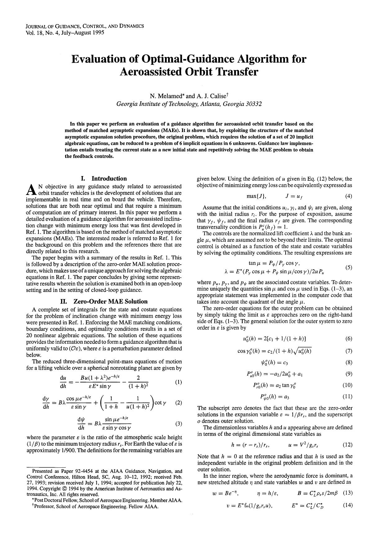 Evaluation of optimal-guidance algorithm for aeroassisted orbit transfer by Unknown