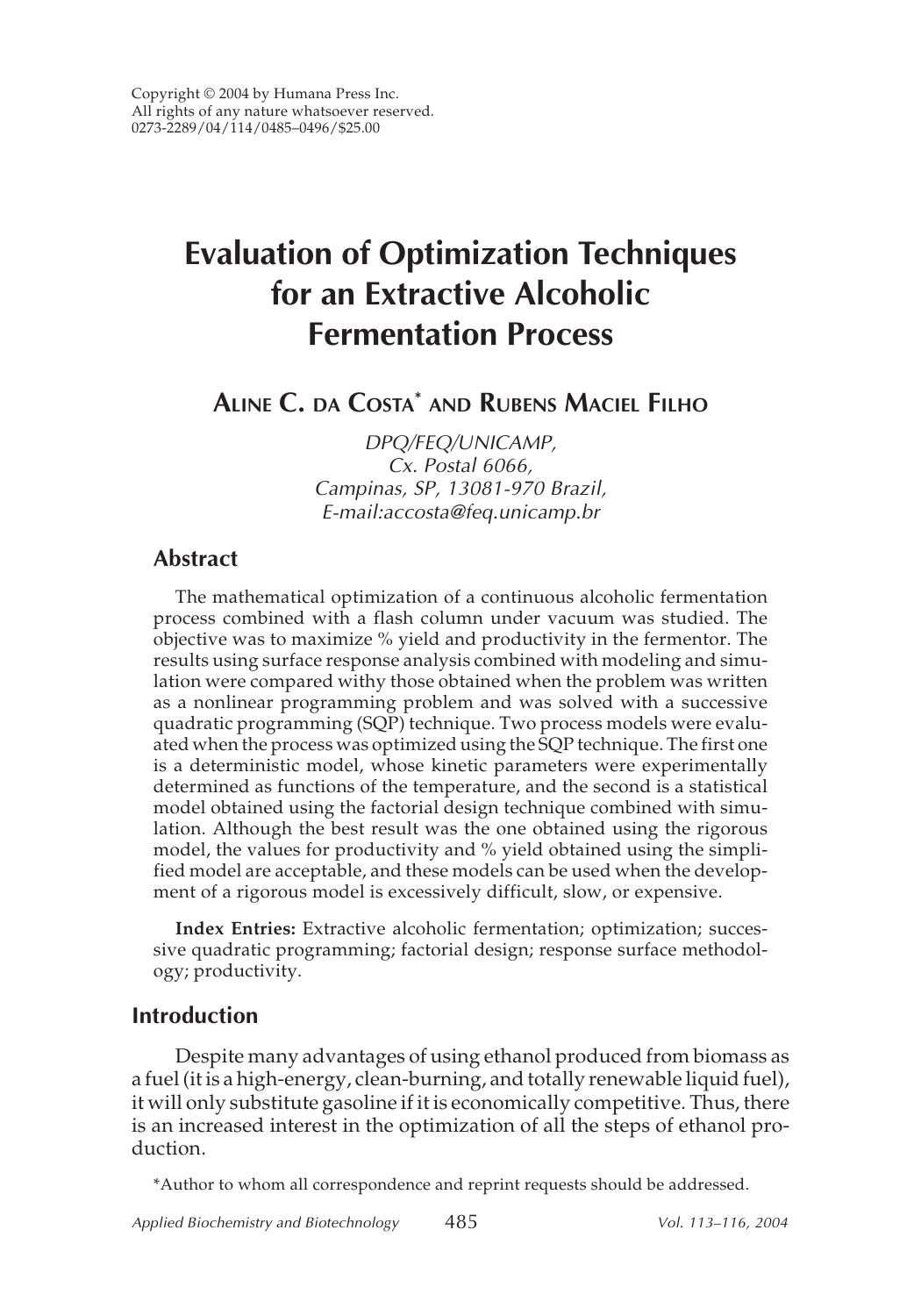 Evaluation of optimization techniques for an extractive alcoholic fermentation process by Unknown