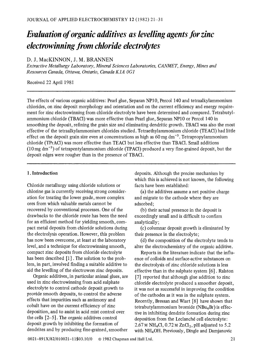 Evaluation of organic additives as levelling agents for zinc electrowinning from chloride electrolytes by Unknown