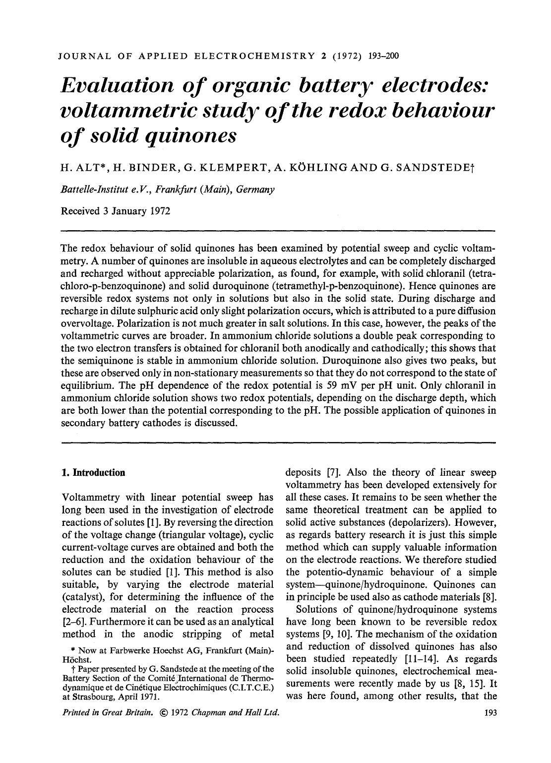 Evaluation of organic battery electrodes: Voltammetric study of the redox behaviour of solid quinones by Unknown