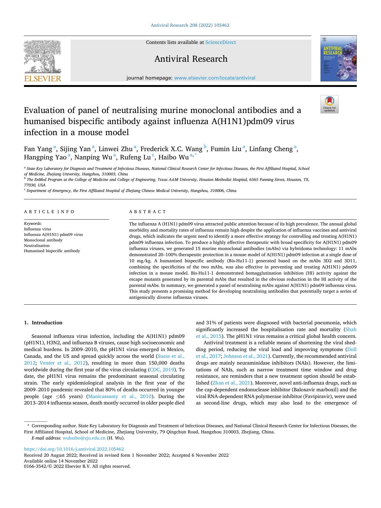 Evaluation of panel of neutralising murine monoclonal antibodies and a humanised bispecific antibody against influenza A(H1N1)pdm09 virus infection in a mouse model by unknow