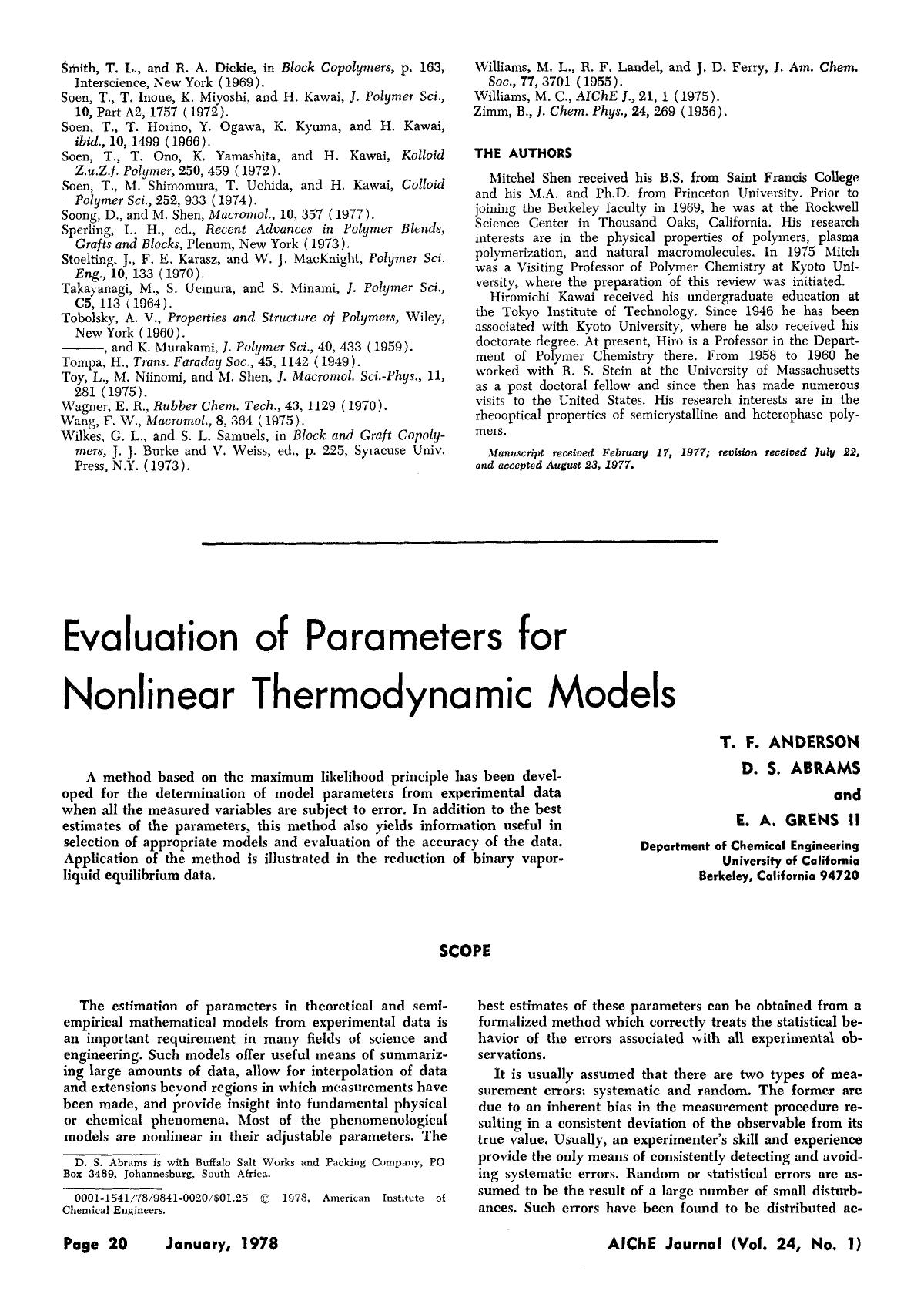 Evaluation of parameters for nonlinear thermodynamic models by Unknown