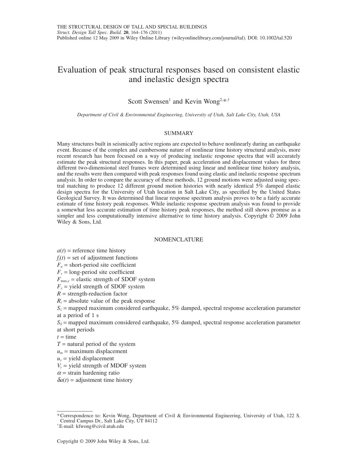 Evaluation of peak structural responses based on consistent elastic and inelastic design spectra by owen