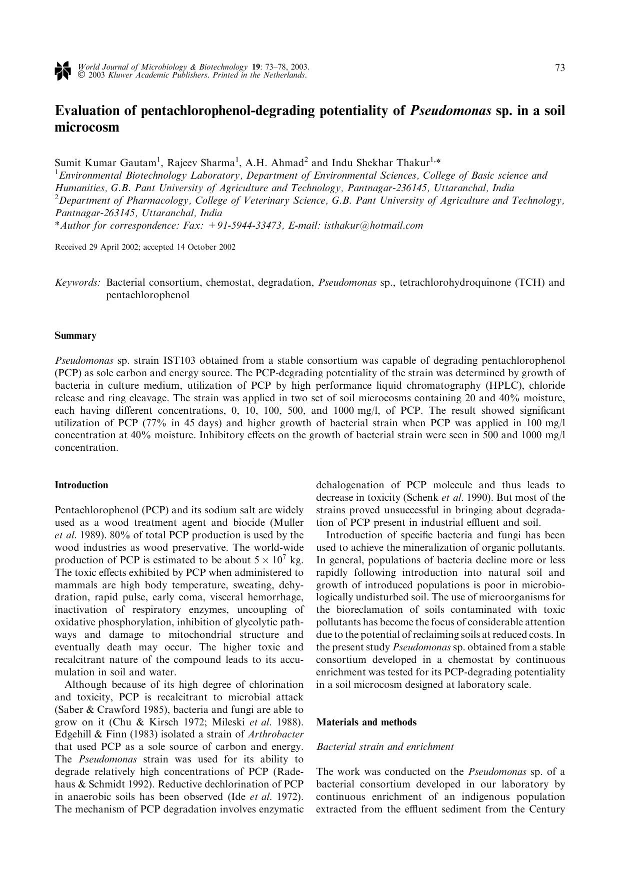 Evaluation of pentachlorophenol-degrading potentiality of <Emphasis Type="Italic">Pseudomonas<Emphasis> sp. in a soil microcosm by Unknown
