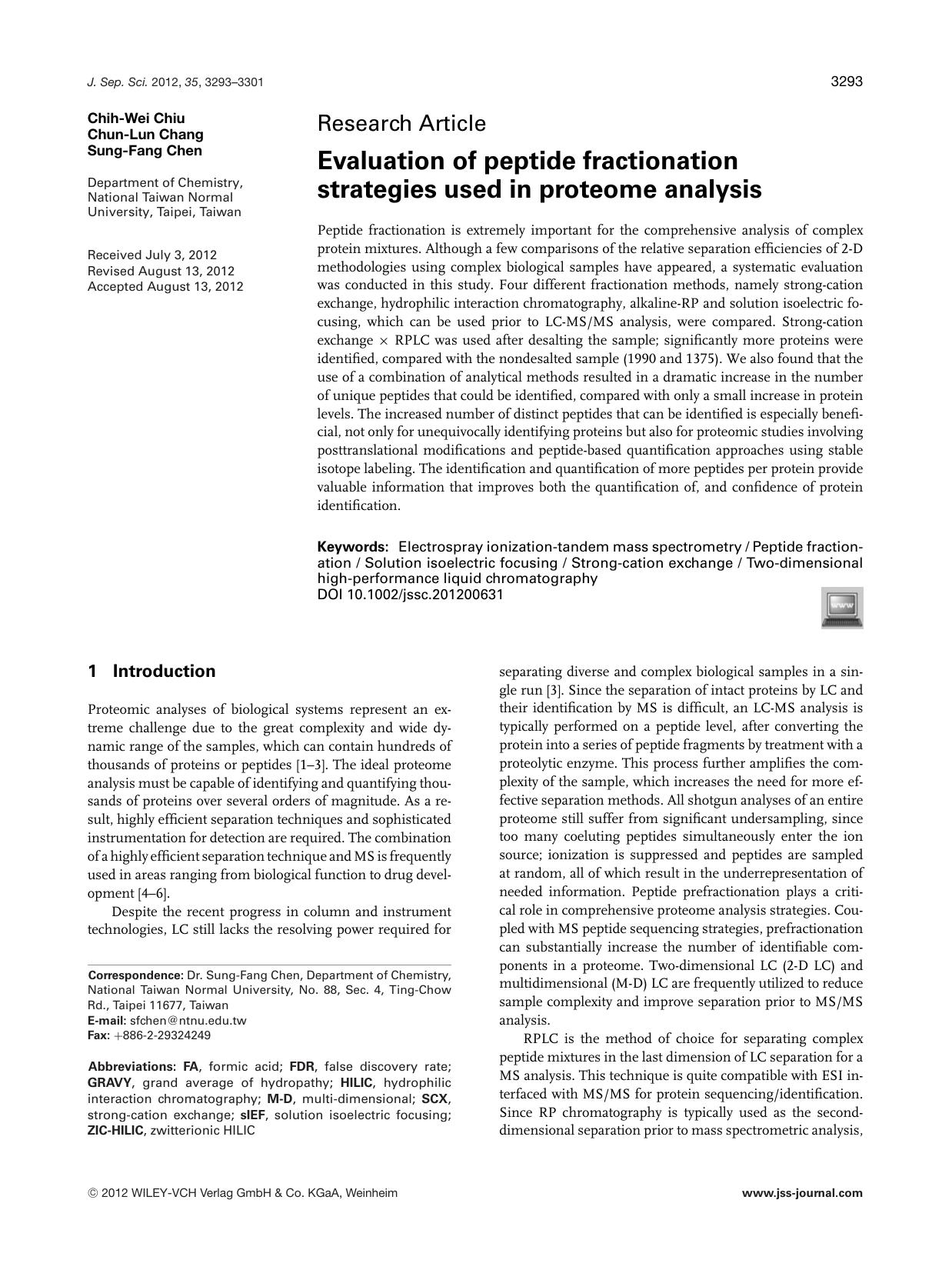 Evaluation of peptide fractionation strategies used in proteome analysis by Unknown