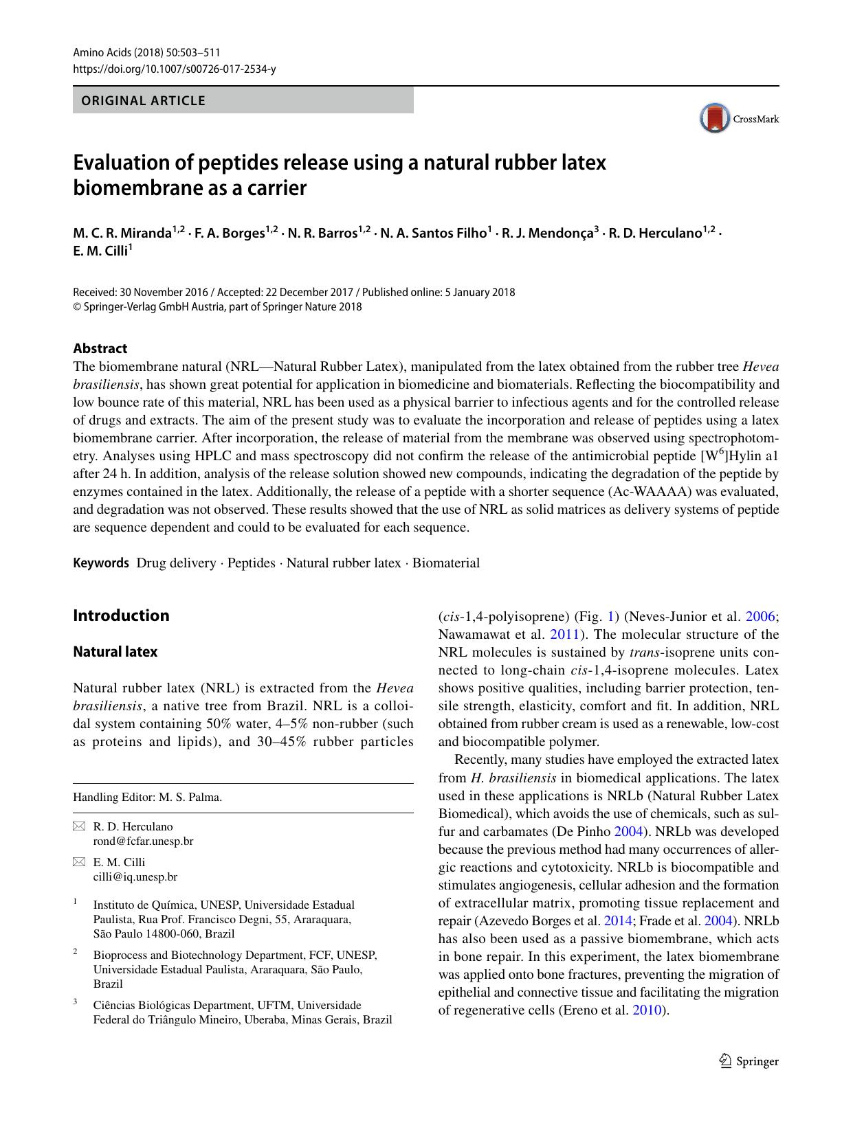 Evaluation of peptides release using a natural rubber latex biomembrane as a carrier by unknow