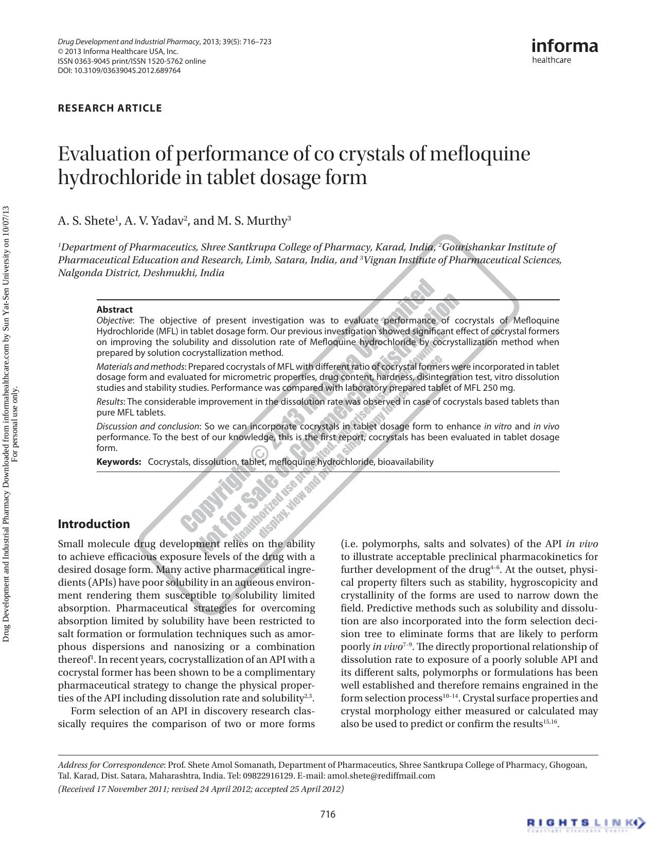 Evaluation of performance of co crystals of mefloquine hydrochloride in tablet dosage form by A. S. Shete A. V. Yadav M. S. Murthy