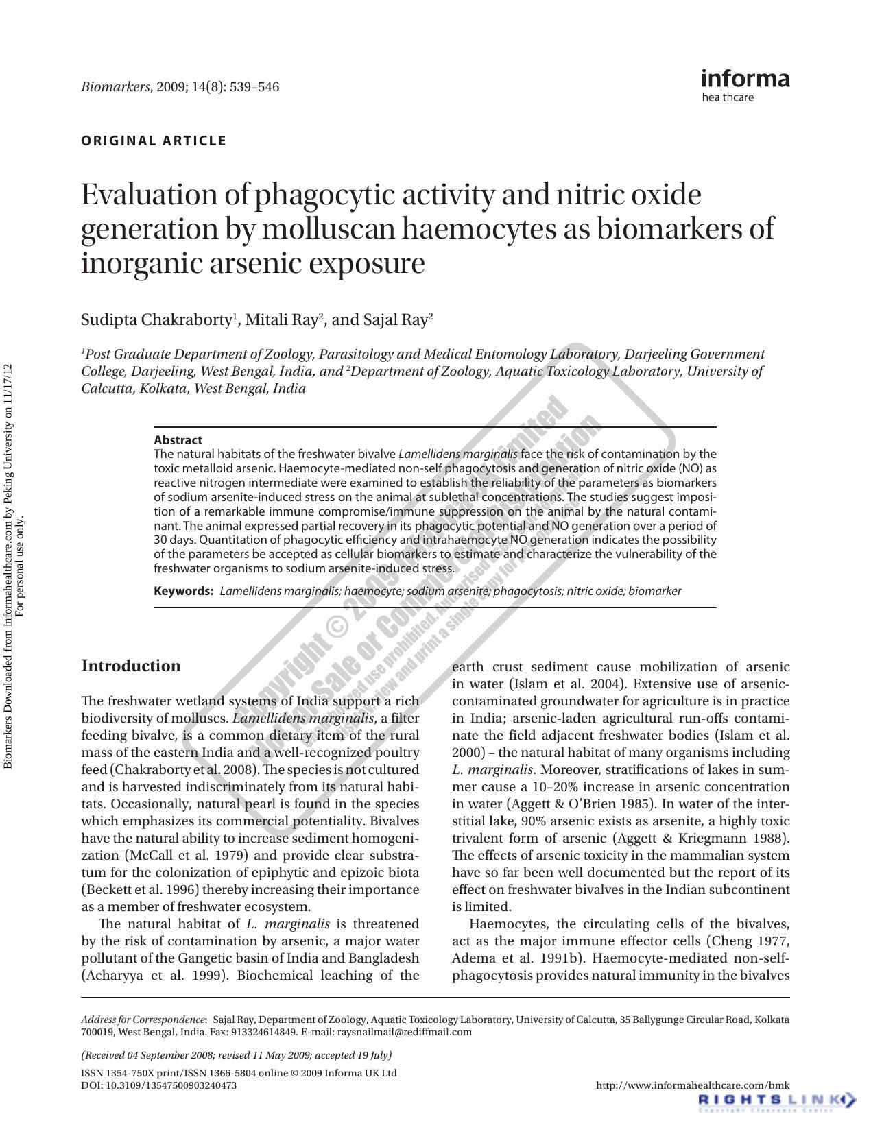 Evaluation of phagocytic activity and nitric oxide generation by molluscan haemocytes as biomarkers of inorganic arsenic exposure by Sudipta Chakraborty Mitali Ray & Sajal Ray
