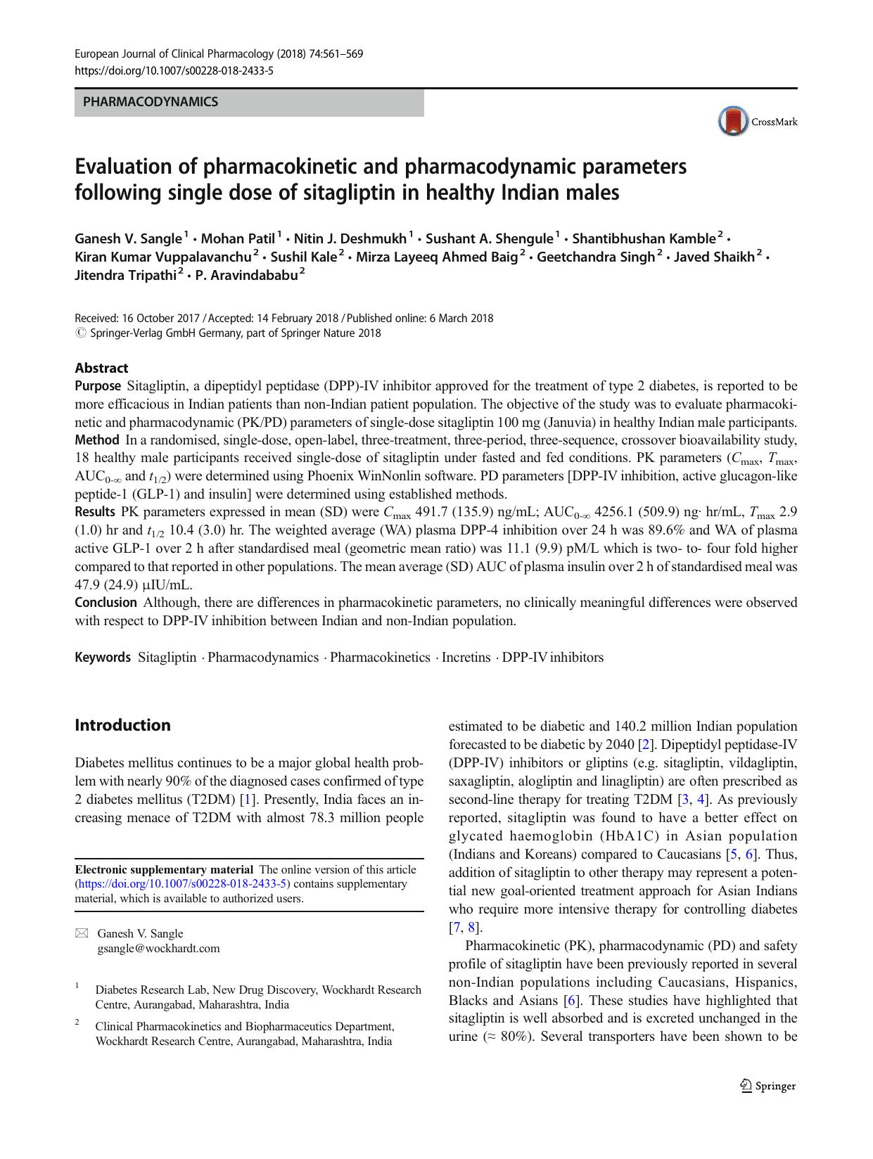 Evaluation of pharmacokinetic and pharmacodynamic parameters following single dose of sitagliptin in healthy Indian males by unknow