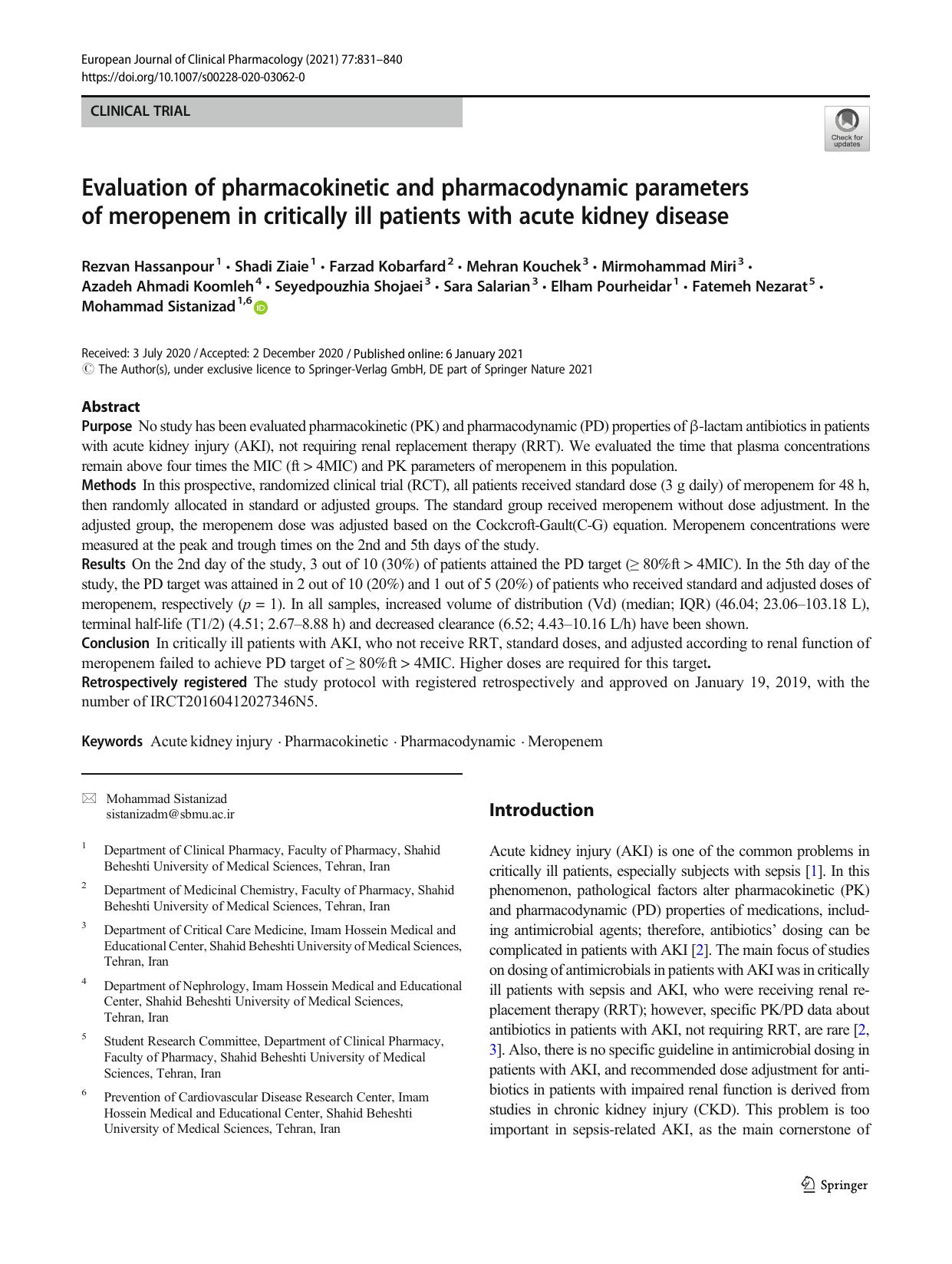 Evaluation of pharmacokinetic and pharmacodynamic parameters of meropenem in critically ill patients with acute kidney disease by unknow