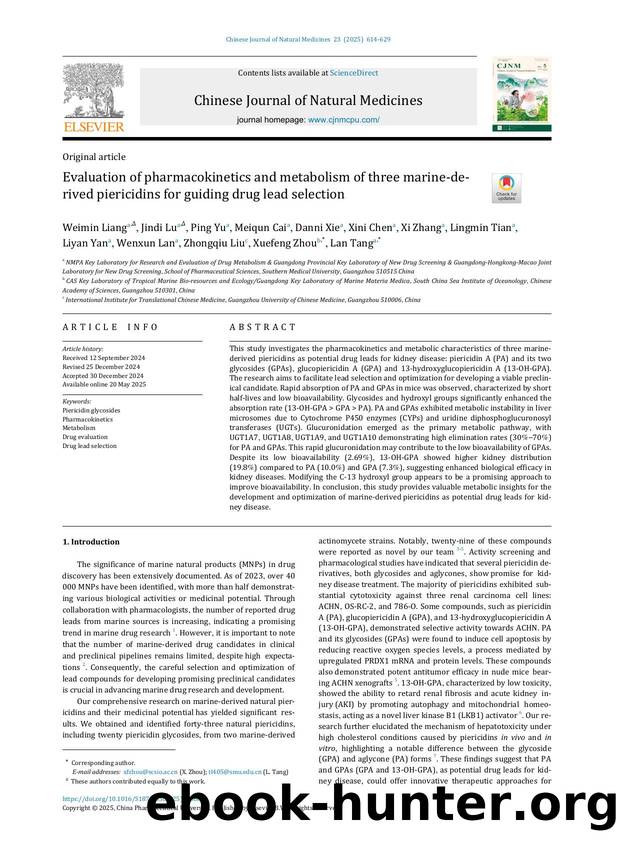 Evaluation of pharmacokinetics and metabolism of three marine-derived piericidins for guiding drug lead selection by unknow
