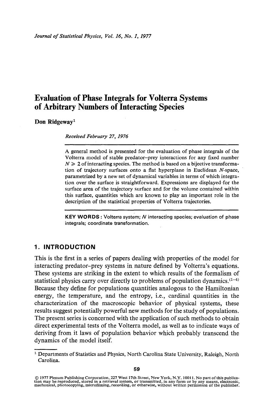 Evaluation of phase integrals for volterra systems of arbitrary numbers of interacting species by Unknown