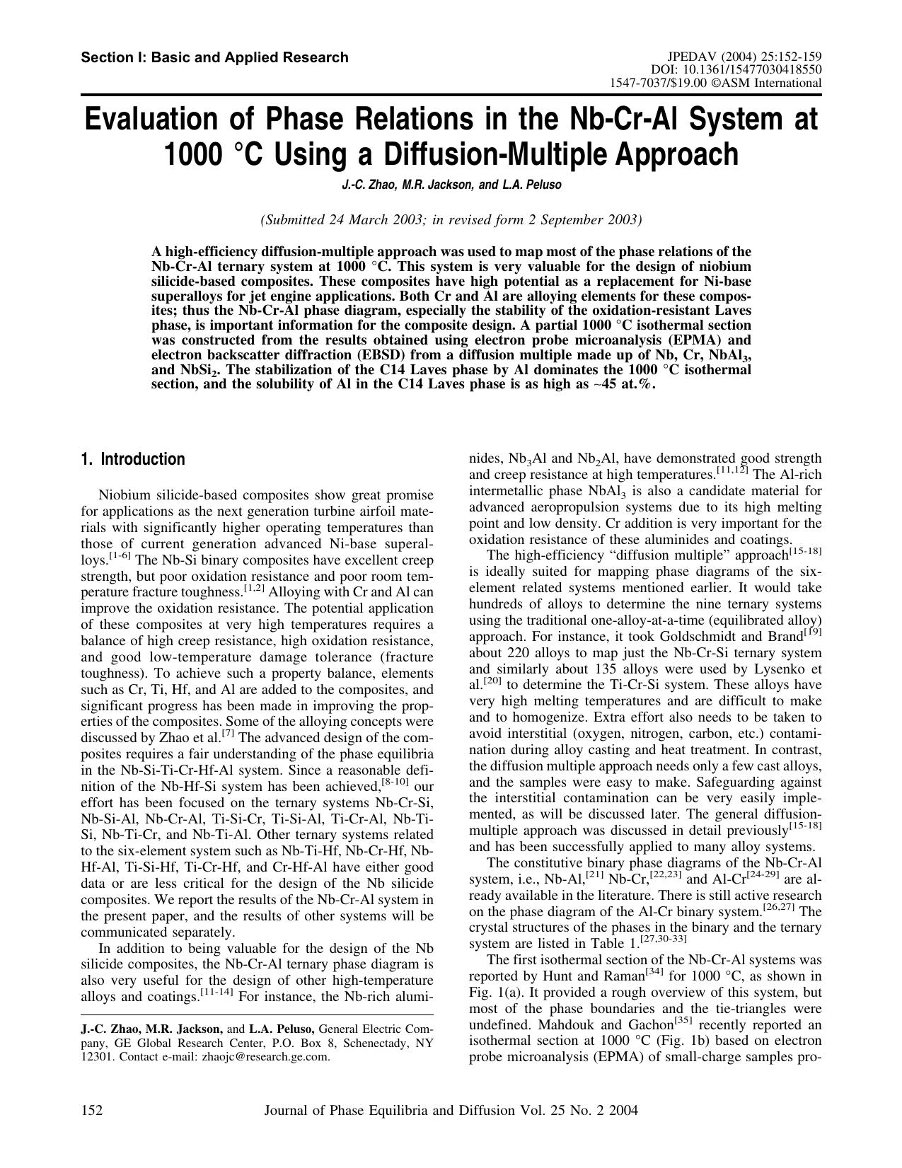 Evaluation of phase relations in the Nb-Cr-Al system at 1000&#x00B0;C using a diffusion-multiple approach by Unknown