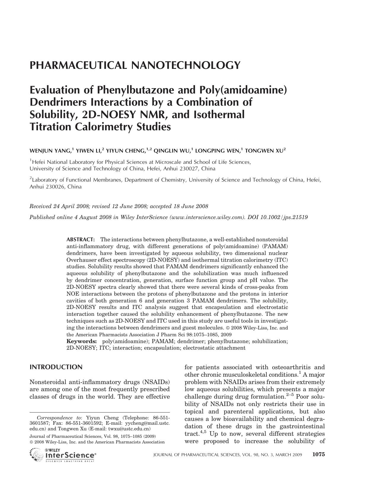 Evaluation of phenylbutazone and poly(amidoamine) dendrimers interactions by a combination of solubility, 2D-NOESY NMR, and isothermal titration calorimetry studies by Unknown