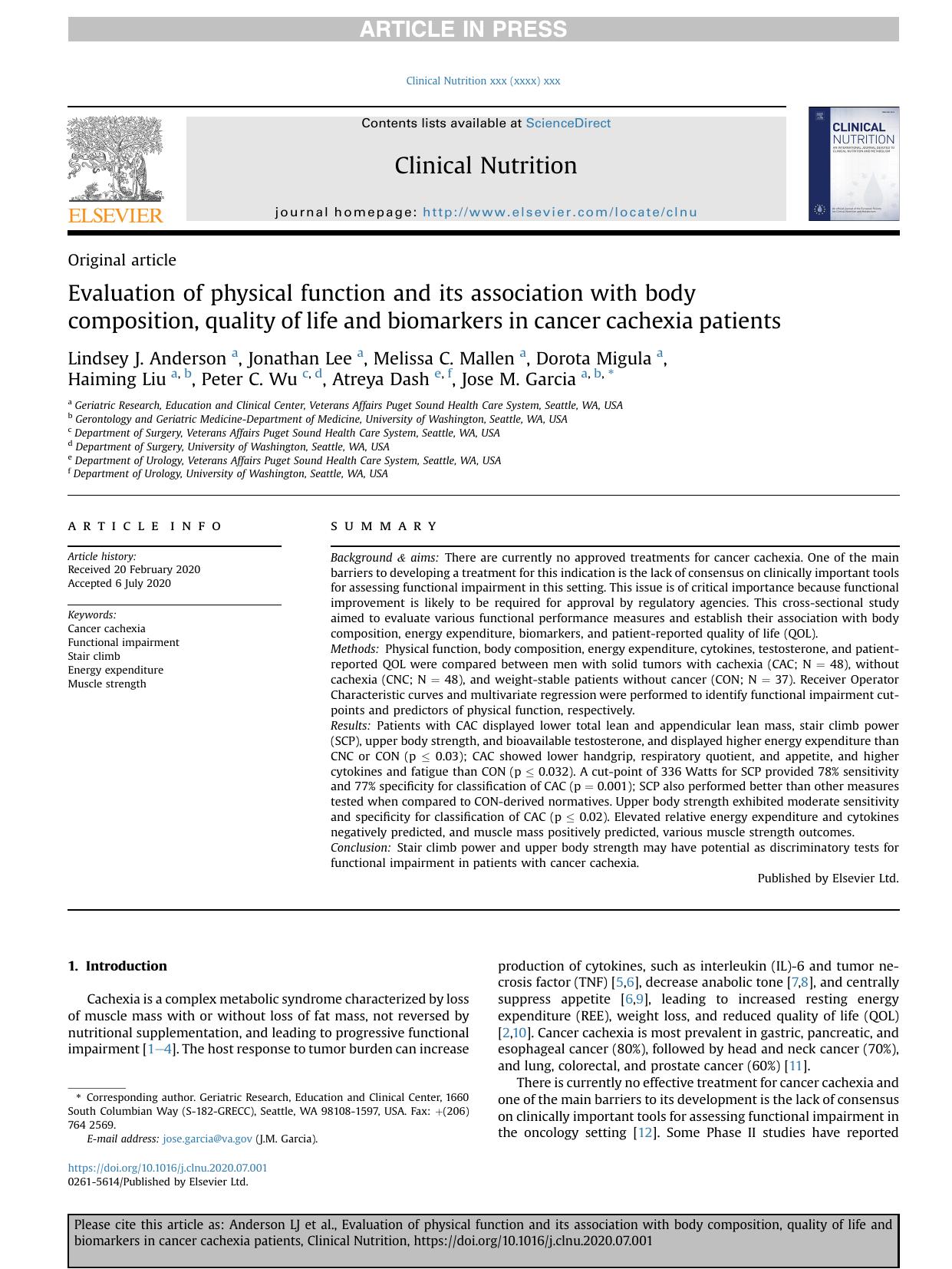 Evaluation of physical function and its association with body composition, quality of life and biomarkers in cancer cachexia patients by unknow