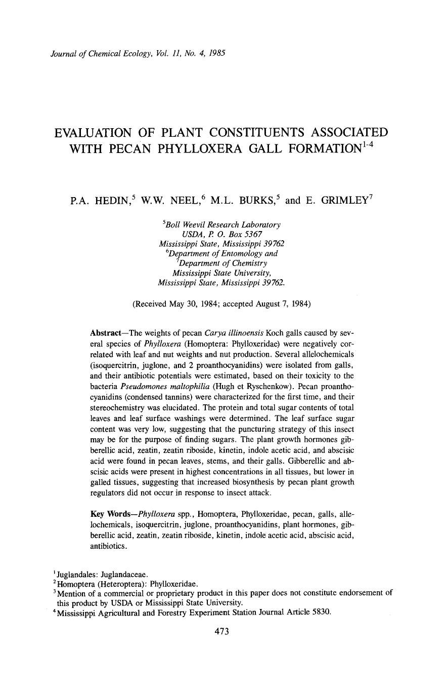 Evaluation of plant constituents associated with pecan phylloxera gall formation by Unknown