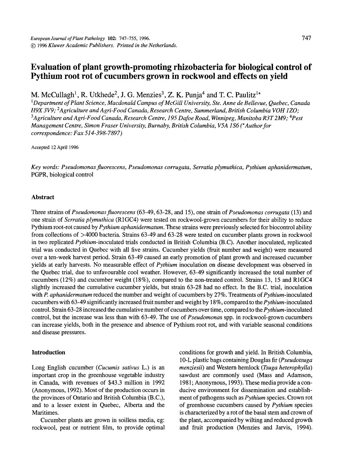 Evaluation of plant growth-promoting rhizobacteria for biological control of pythium root rot of cucumbers grown in rockwool and effects on yield by Unknown