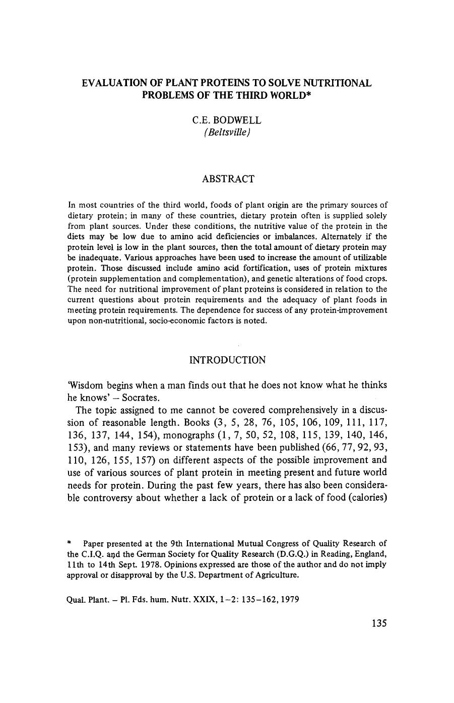 Evaluation of plant proteins to solve nutritional problems of the third world by Unknown