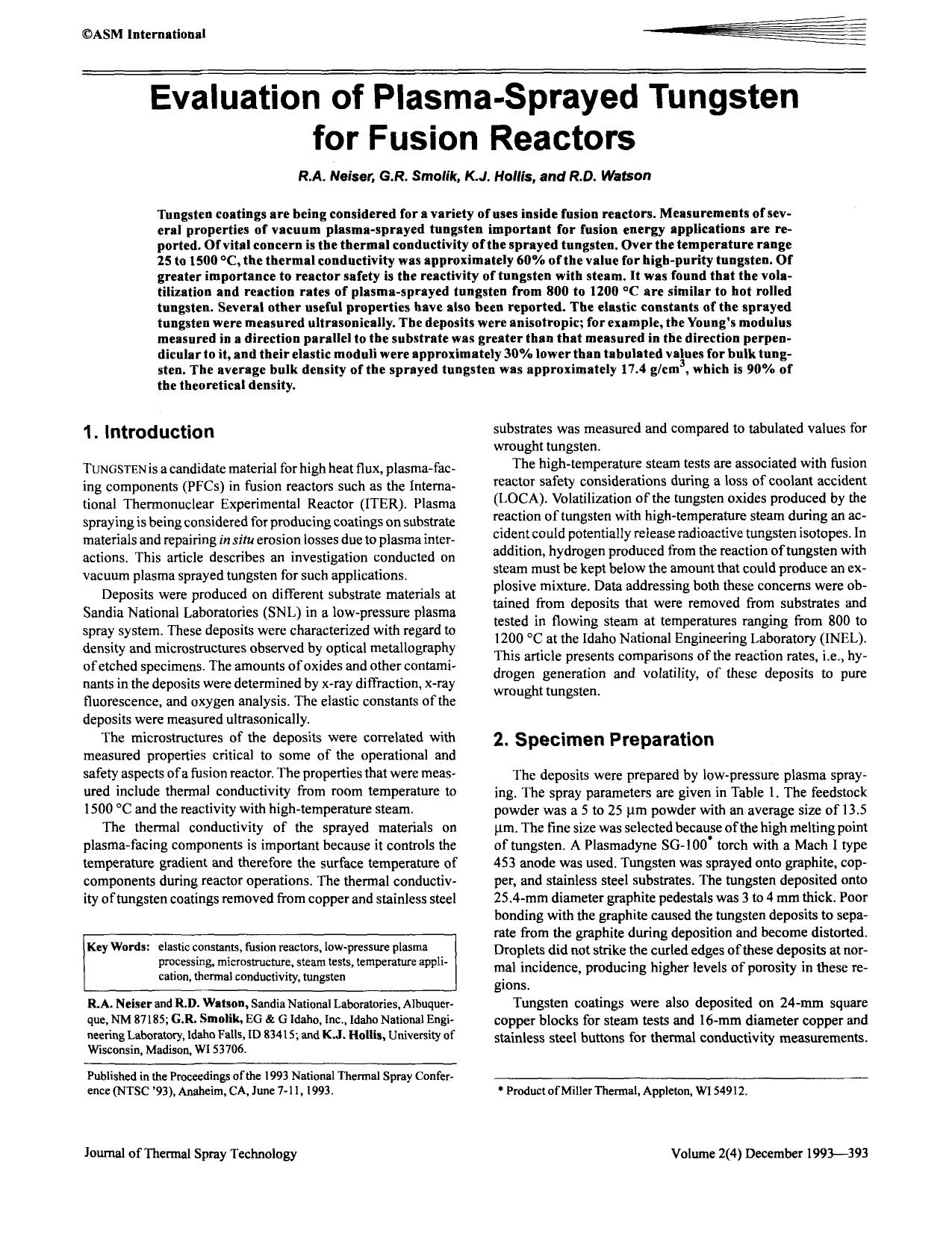 Evaluation of plasma-sprayed tungsten for fusion reactors by Unknown