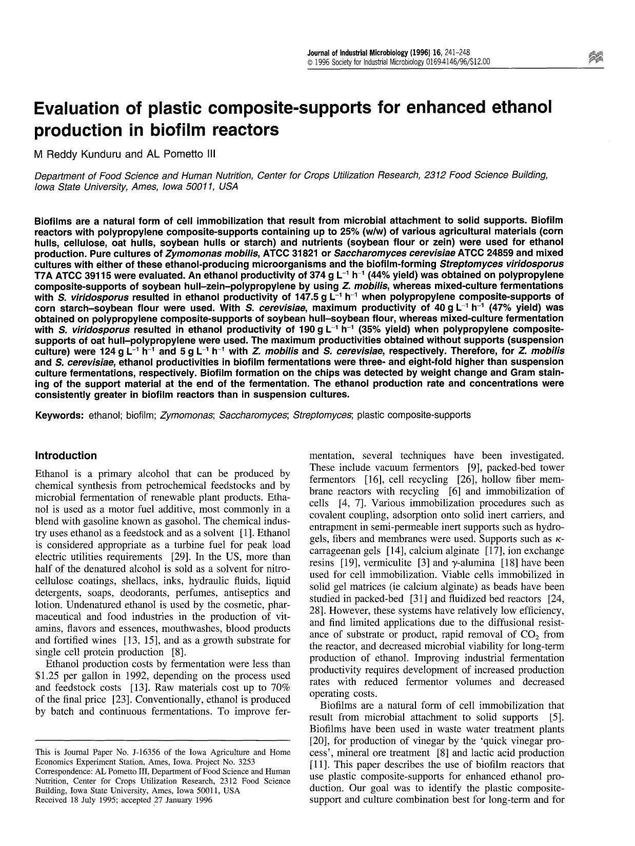 Evaluation of plastic composite-supports for enhanced ethanol production in biofilm reactors by Unknown