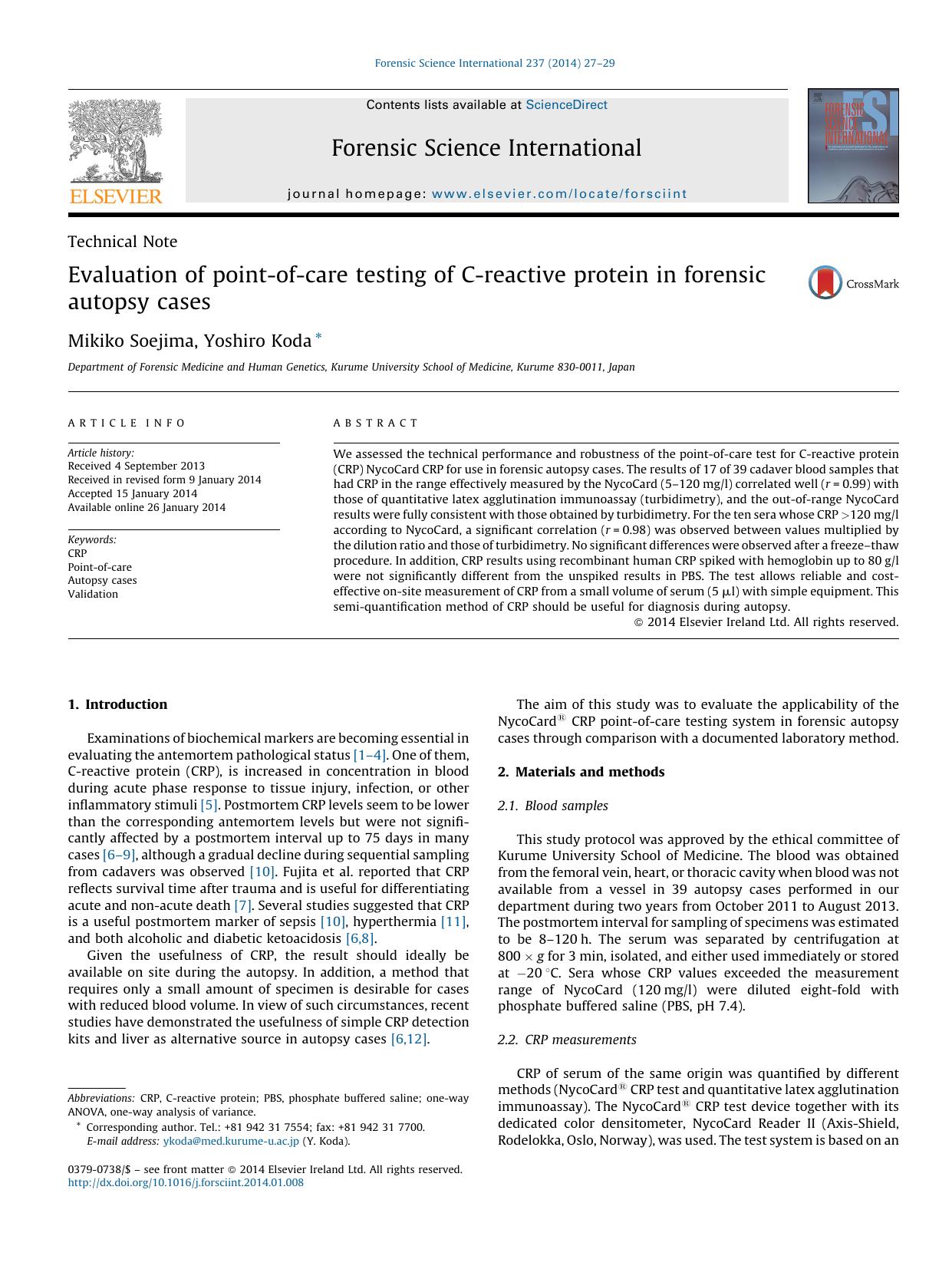 Evaluation of point-of-care testing of C-reactive protein in forensic autopsy cases by Mikiko Soejima & Yoshiro Koda