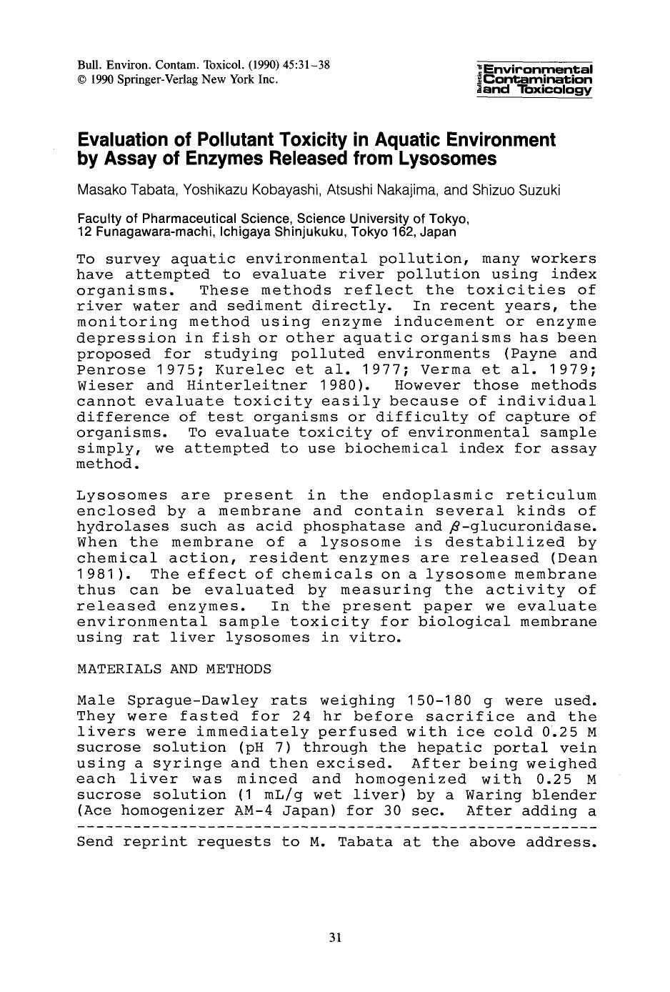 Evaluation of pollutant toxicity in aquatic environment by assay of enzymes released from lysosomes by Unknown