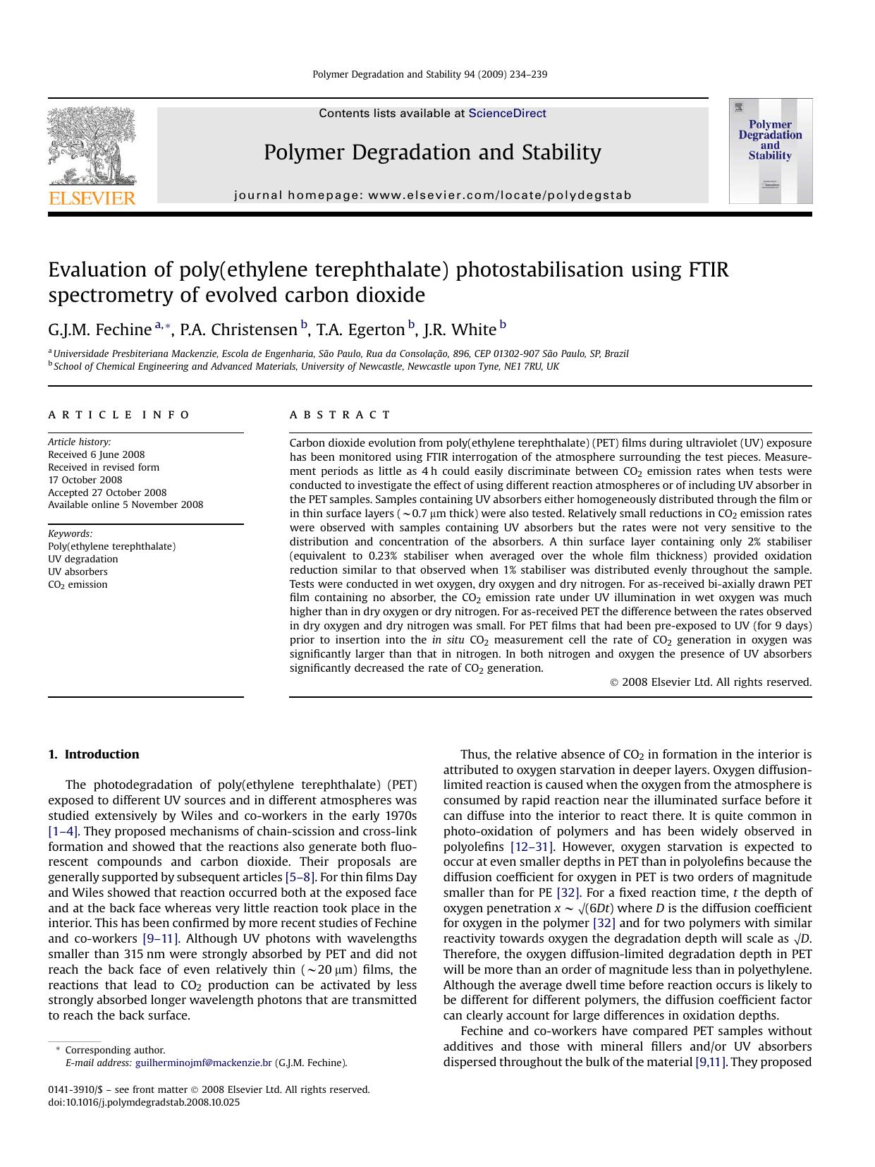 Evaluation of poly(ethylene terephthalate) photostabilisation using FTIR spectrometry of evolved carbon dioxide by G.J.M. Fechine; P.A. Christensen; T.A. Egerton; J.R. White