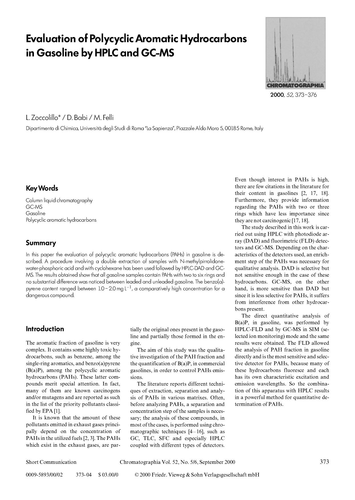 Evaluation of polycyclic aromatic hydrocarbons in gasoline by HPLC and GC-MS by Unknown