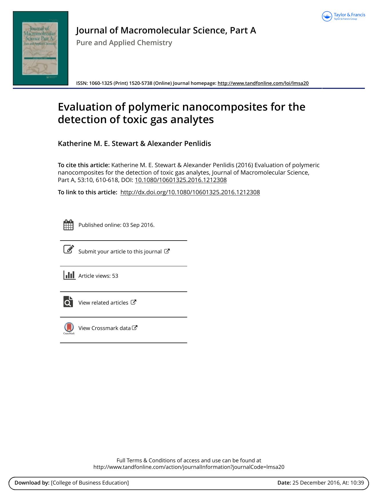 Evaluation of polymeric nanocomposites for the detection of toxic gas analytes by Katherine M. E. Stewart & Alexander Penlidis