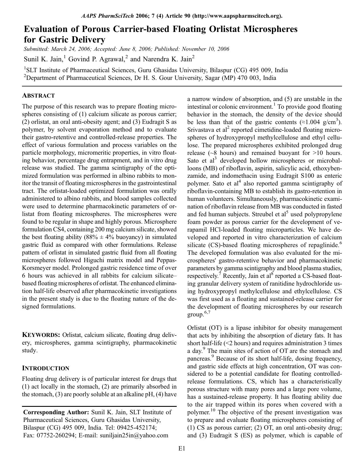 Evaluation of porous carrier-based floating orlistat microspheres for gastric delivery by Unknown