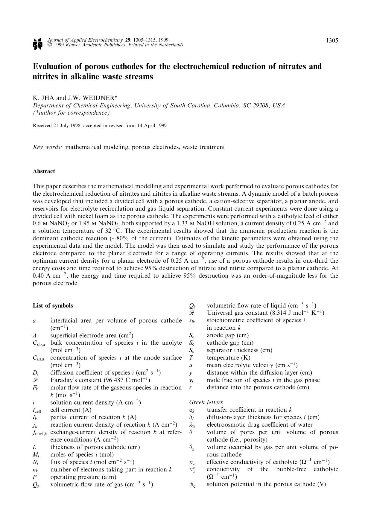 Evaluation of porous cathodes for the electrochemical reduction of nitrates and nitrites in alkaline waste streams by Unknown
