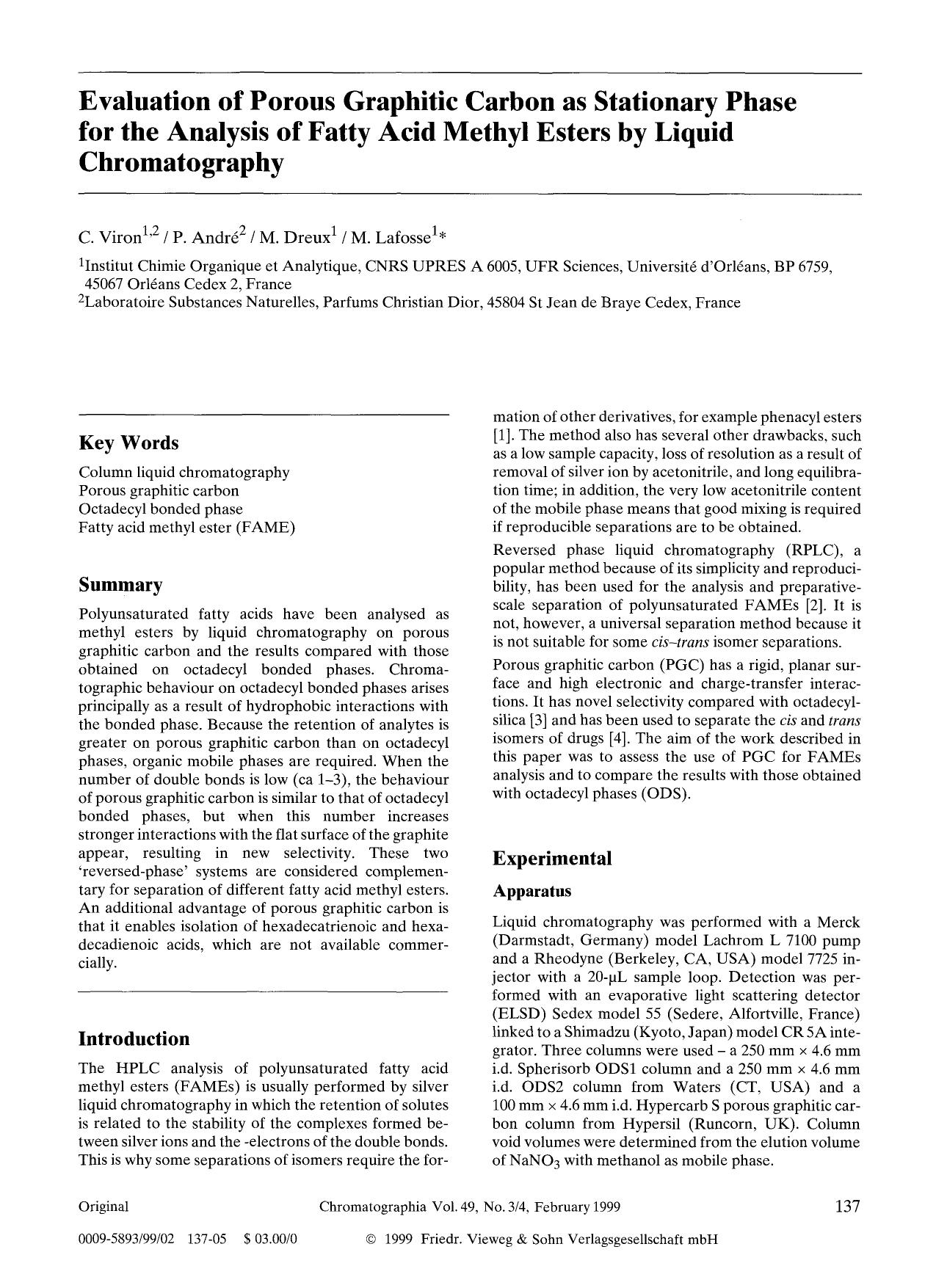 Evaluation of porous graphitic carbon as stationary phase for the analysis of fatty acid methyl esters by liquid chromatography by Unknown